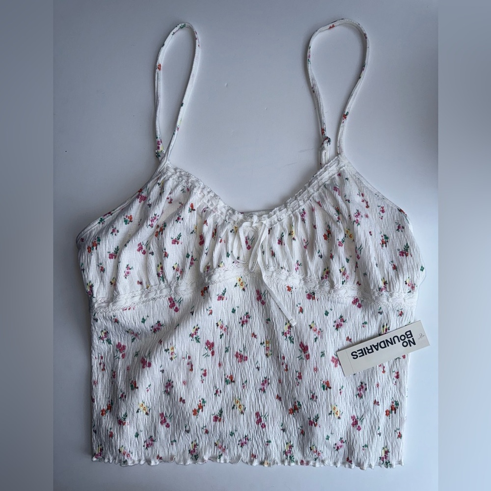 No Boundaries White Floral Tie-Front Cami with Pink & Green Print